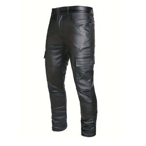 กางเกงหนัง PU สีดำเอวสูงสำหรับผู้ชาย พร้อมเข็มขัดและซิปแบบสตรีทสไตล์ - Product Image 4
