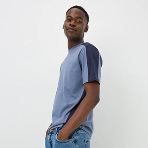 T-shirt décontracté pour homme à col rond, manches courtes, bleu ardoise et bleu marine, avec empiècements latéraux, en coton, personnalisable avec logo, OEM, ODM, vente en gros - Product Image 2