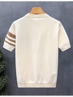 Camiseta de Hombre Blanca de Punto, Poliéster/Algodón, 240g, Cuello Redondo, Manga Corta, Ribete a Rayas en Contraste, Corte Regular, Estilo Casual
