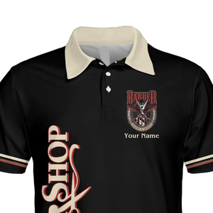 T-shirt sublimé Signature Barber, logo personnalisé, graphisme sur mesure, polyester, col en V, pour hommes, femmes, coiffeurs, salons - Product Image 4