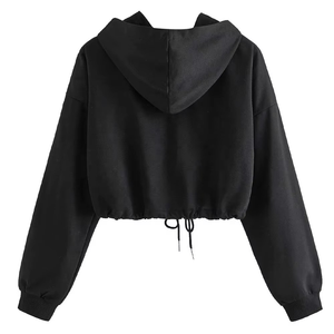 Latest Unique Design <b>Women</b> Black Zip Up Cropped <b>Hoodie</b> Long Sleeve Drop Shoulder Hooded Sweatshirt Drawstring Hem Solid Jacket - Product Image 2