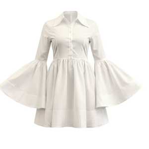 Women White Poplin Button <b>Down</b> Dress Long Bell Sleeve Flare Hem Elegant Casual Boutique Fashion Outfit - Product Image 1