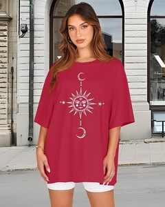 เสื้อยืดผ้าฝ้ายเจอร์ซีย์คอกลมแขนสั้นสีแดงสำหรับผู้หญิงพิมพ์ลายดวงอาทิตย์ดวงจันทร์ดาวลำลองสำหรับฤดูใบไม้ผลิและฤดูร้อน - Product Image 2