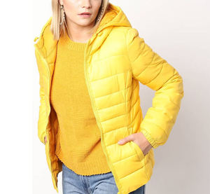 <b>Yellow</b> Hooded <b>Puffer</b> <b>Jacket</b> Women's Winter Casual Outerwear Solid Color Polyester Shell Zipper Closure Thick Fit - Product Image 1