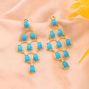 Pendientes de Araña con Gema de Turquesa Azul Intenso, Diseño Atrevido, con Múltiples Piedras Colgantes, Chapados en Oro de 18k, de Latón, Regalo de Joyería - Product Image 2