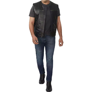 Gilet de motard en cuir PU pour homme, col rond, fermeture éclair, couleur unie, vêtement d'extérieur d'automne, coupe classique - Product Image 2