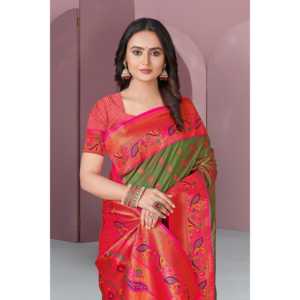 Sari ethnique tissé en soie Paithani Meenakari Zari vert Mehendi original Elite Weaves, avec écharpe et châle haut de gamme - Product Image 2