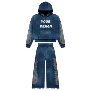 Conjunto Deportivo Unisex de Felpa con Efecto Ácido, Estilo Vintage, Sudadera con Capucha Estampada y Pantalones Deportivos Acampanados - Product Image 4