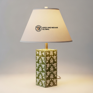 Green Floral Bone Inlay <b>Table</b> <b>Lanterns</b> with Fabric Shade Handmade Decorative Bedside Nightstand <b>Lamp</b> for Living Room & Bedroom - Product Image 1