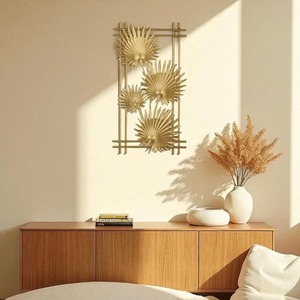 Arte de pared de 3 piezas con diseño botánico de hojas metálicas en acabado dorado, plateado y azul para decoración de la sala de estar y crear un punto de foco. - Product Image 5