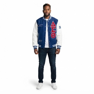 Veste universitaire personnalisée OEM en polyester pêché et élasthanne bleu roi avec broderie chenille HBCU Divine Nine, fabrication Sialkot - Product Image 1