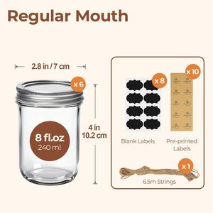 6 pots Mason en verre de 8 oz à bouche standard avec couvercles, pour confiture, gelée, épices, bocaux de conservation - Product Image 2