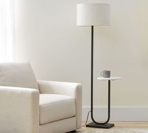 Modern Minimalist LED Floor <b>Lamp</b> with E27 Base White Drum Shade Metal Frame and Side <b>Table</b> for Living Room Bedroom - Product Image 4