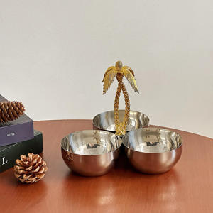 Luxury Silver <b>3</b> Section Serving Bowl With Gold Palm Tree Handle Elegant Metal Triple Nut Tray For Tropical Home Decor - Product Image 5