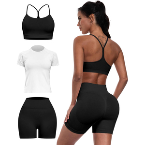 Conjunto de Yoga de 3 Piezas: Shorts de Cintura Alta, Sujetador Deportivo Racerback, Top Corto Sin Costuras, Ropa Deportiva de Color Sólido - Product Image 1