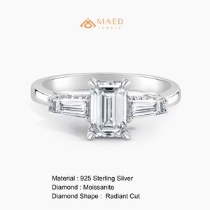 925 Sterling <b>Silver</b> <b>Emerald</b> Cut Moissanite/Diamond Engagement <b>Ring</b> for Women, Three Stone <b>Ring</b> with Tapered Baguette Side - Product Image 6