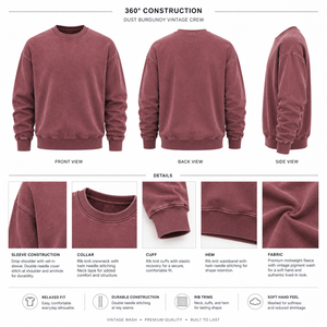 Sweat-shirt col rond vintage bordeaux anti-poussière 320 GSM, impression en relief, coupe décontractée, unisexe, en coton, avec logo personnalisable sur le devant - Product Image 3