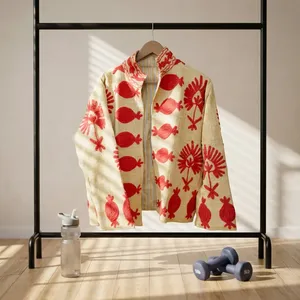 Veste à manches longues pour femme Silkgram en coton beige brodée Suzani, coupe-vent et respirante, à col montant et motif floral - Product Image 2