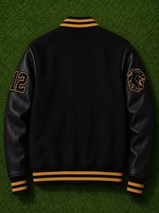 Chaqueta Varsity Premium Negra de Cuero Genuino y Poliéster/Algodón, Estilo Urbano, Cortavientos, con Parches, para Hombre, Personalizable - Product Image 2