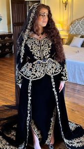 Stunning Black Gold Embroidered Karakou <b>Jacket</b> Traditional <b>Wedding</b> Dress Set for <b>Women</b> Regular Fit Banana Crape Floor-Length - Product Image 3