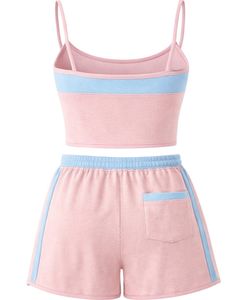 Pink Blue Women Camisole And Shorts <b>Set</b> Summer Two Piece Outfit Cotton Blend Crop Top Contrast Panel Drawstring Shorts Casual - Product Image 2