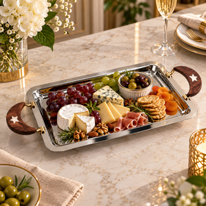 Elegante Bandeja de Servir de Acero Inoxidable con Asa de Madera en Forma de Estrella de Media Luna | Bandeja Rectangular para Té, Aperitivos, Postres, Fiestas y Uso Diario - Product Image 4