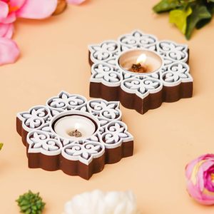 White Brown Wooden Floral <b>Printing</b> Block Decorative Tea Light Candle Holders, Diya <b>Stands</b> | Tea Light Holders | Christmas Diwali - Product Image 1