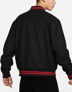 Men's Black Varsity Jacket with Red Trim Stand Collar <b>Button</b> Closure Casual Spring Windproof Solid Color PU Material - Product Image 4