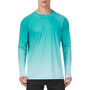 Aesthetic <b>Men</b> Gradient Turquoise White Rash Guard Quick Dry UPF 50 Long Sleeve Performance Ombre Swim Shirt - Product Image 1