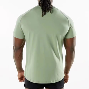 T-shirt à manches courtes pour homme, vert olive, coupe ajustée, séchage rapide, col rond, tricot uni, décontracté, sportif, tissu jersey - Product Image 2
