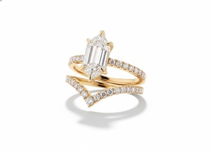 Luxury 14K Solid Gold Hexagon Step Cut Engagement <b>Ring</b> Paired with Chevron Curve Matching Eternity Wedding <b>Band</b> Bridal <b>Ring</b> Set - Product Image 2