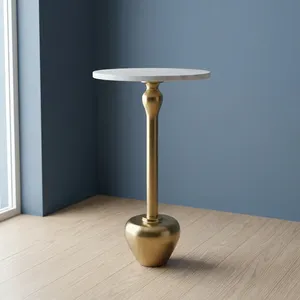 Modern <b>Round</b> White Marble Top Side <b>Table</b> with Brushed <b>Gold</b> Metal Pedestal Base Contemporary Accent Furniture - Product Image 3