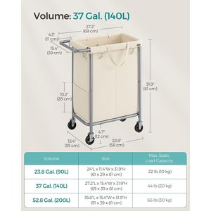 Cesto Portabiancheria con Ruote da 27 Pollici, Telaio in Acciaio, Capacità 37 Galloni (140 L), con Fodera Rimovibile, 2 Sezioni, Ruote Specifiche per Uso Quotidiano - Product Image 6