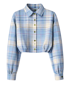 Chemisier court personnalisé à carreaux bleus pour femme, col rabattu, manches longues, boutonné, style décontracté, fabricant OEM - Product Image 1