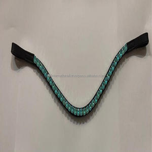 Bandeau de sourcils de cheval noir 100% en cuir véritable à vague profonde avec 1 rangée de grands cristaux ronds aqua bling, toutes tailles - Product Image 5