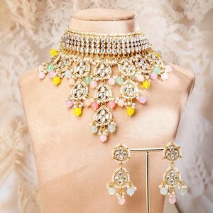 <b>Gold</b> Plated Alloy Kundan Necklace <b>Earrings</b> <b>Set</b> With Imitation Pearl Crystal Tassel Design Ethnic Wedding Jewelry For Women - Product Image 1