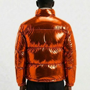Men Orange Metallic Puffer <b>Jacket</b> Stand Collar Zipper Closure Windproof Winter Casual Thick Polyester Fiber Filling - Product Image 2