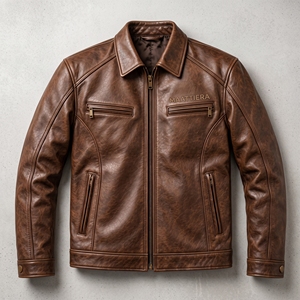 <b>Men</b> <b>Brown</b> <b>Leather</b> Look <b>Jacket</b> Zip Up Motorcycle Style Long Sleeve Casual Outerwear Custom OEM ODM Wholesale - Product Image 6