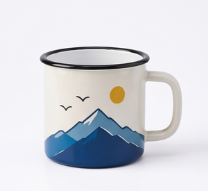 Sun And Layered Peaks Print Iron <b>Enamel</b> <b>Mug</b> Scenic Travel Quote Cream Metal Coffee Cup Factory Direct Wholesale Partner Vendor - Product Image 1