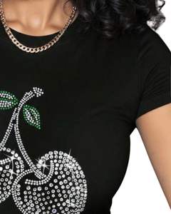 Camiseta Personalizada Negra para Mujer con Pedrería de Cereza, Manga Corta, Informal, de Verano, Mezcla de Algodón, con Estampado Gráfico, OEM, Top de Moda para Dama - Product Image 2