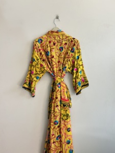 Bata de Algodón con Bordado Floral Amarillo para Mujer, Manga Larga, Informal, Larga, Hecha a Mano, Estilo Boho, Kimono, Ropa de Dormir, Chaqueta - Product Image 2