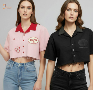 Polo Corto para Mujer, Manga Corta, Bordado, con Botones, Color Sólido, Estilo Casual, para Primavera/Verano - Product Image 1