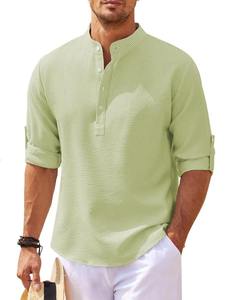 Chemise décontractée pour homme, vert clair, col montant, manches courtes, coupe classique, 100 % coton tissé, respirante, couleur unie - Product Image 1