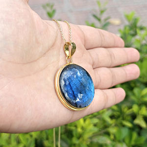 Collier pendentif rond en labradorite bleue naturelle de qualité supérieure, plaqué or 18 carats sur laiton, bijoux en gros - Product Image 2
