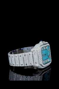 Blue Dial Square Stainless Steel Watch Moissanite Diamond Bezel Analog Bracelet Automatic <b>Calendar</b> Luxury Jewelry - Product Image 3