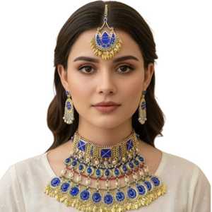 Afghan Tribal Kuchi Jewelry <b>Set</b> For Women Featuring Large Reflective Crystals In Choker Necklace And Long Dangling - Product Image 1
