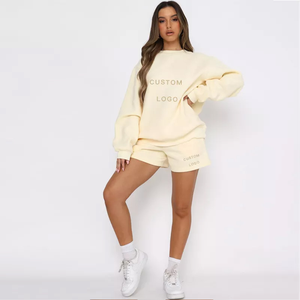 Custom Logo <b>Women's</b> Loose Fit 100% Cotton Breathable Lightweight Sweatshirt <b>Short</b> Set <b>Sweat</b> Suit Casual & Streetwear for <b>Women</b> - Product Image 3