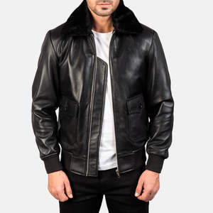 Men's Genuine Leather Bomber <b>Jacket</b> With Fur <b>Collar</b> Zipper Closure Slim Fit Winter Wear Moto Style Solid Color - Product Image 1