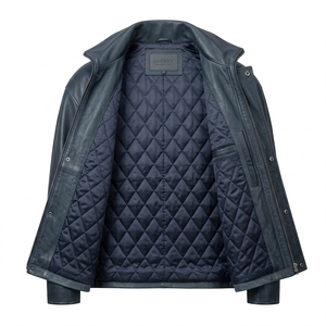 Chaqueta de Cuero Genuino Azul Marino para Hombre, Paneles Plegados en Tono Acero Personalizados, Cierre Frontal Completo, Cuello Alto, Fabricante de Prendas Exteriores - Product Image 5
