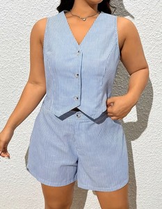 Summer Casual Striped Woven Embroidery Tank Top & Shorts Set Women's Jumpsuit Eco-Friendly Breathable Made In Bangladesh - Product Image 6